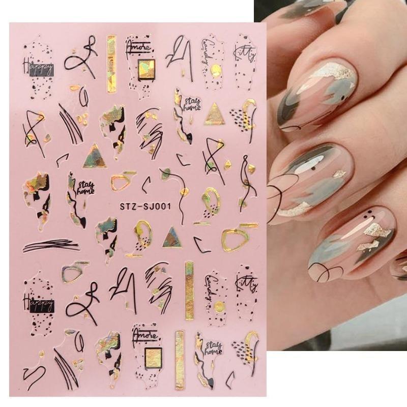 Graffiti Strips Nail Stickers for Women Nail Art Decorations Rose Gold Abstract Line Spring 3D Slider for Manicure Polish Tattoo