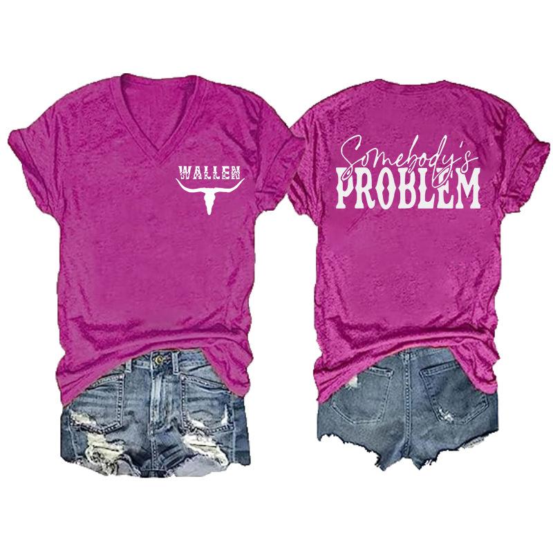 Women V‑Neck Short Sleeve T‑Shirt Double‑Sided Letter Print Casual Street Fashion Ladies Top S‑3XL