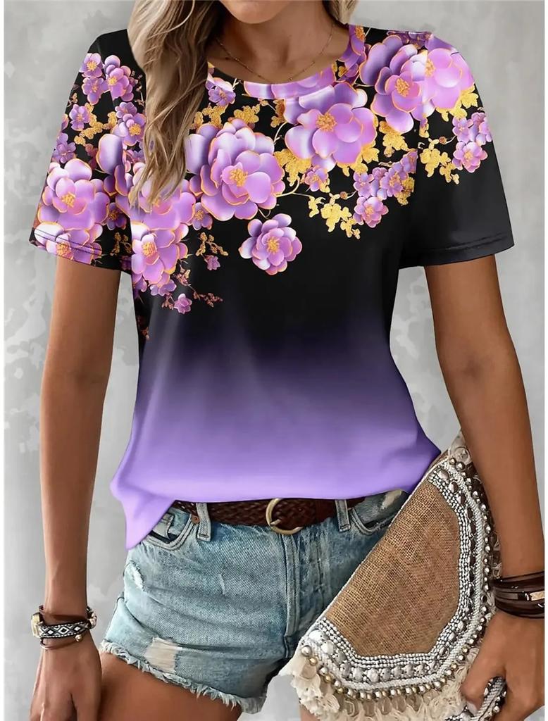 Summer Women's Y2k Floral Casual Holiday 3d Print Color Gradient Short Sleeve Tees Fashion Crew-neck T Shirts For Women
