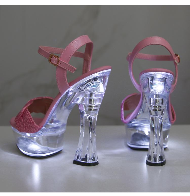 LED-beleuchtete Sandalen für Damen, transparenter Absatz, 14 cm hoher, leuchtender, schräger Absatz, rutschfeste, dicke Sohle, sexy Sandalen LFD-10365-A73