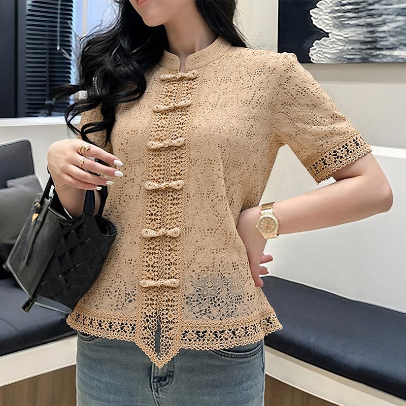 

ZANZEA Женская повседневная блузка с воротником-стойкой, летняя, с коротким рукавом, кружевной вязкой крючком, в стиле пэчворк 4XL хаки