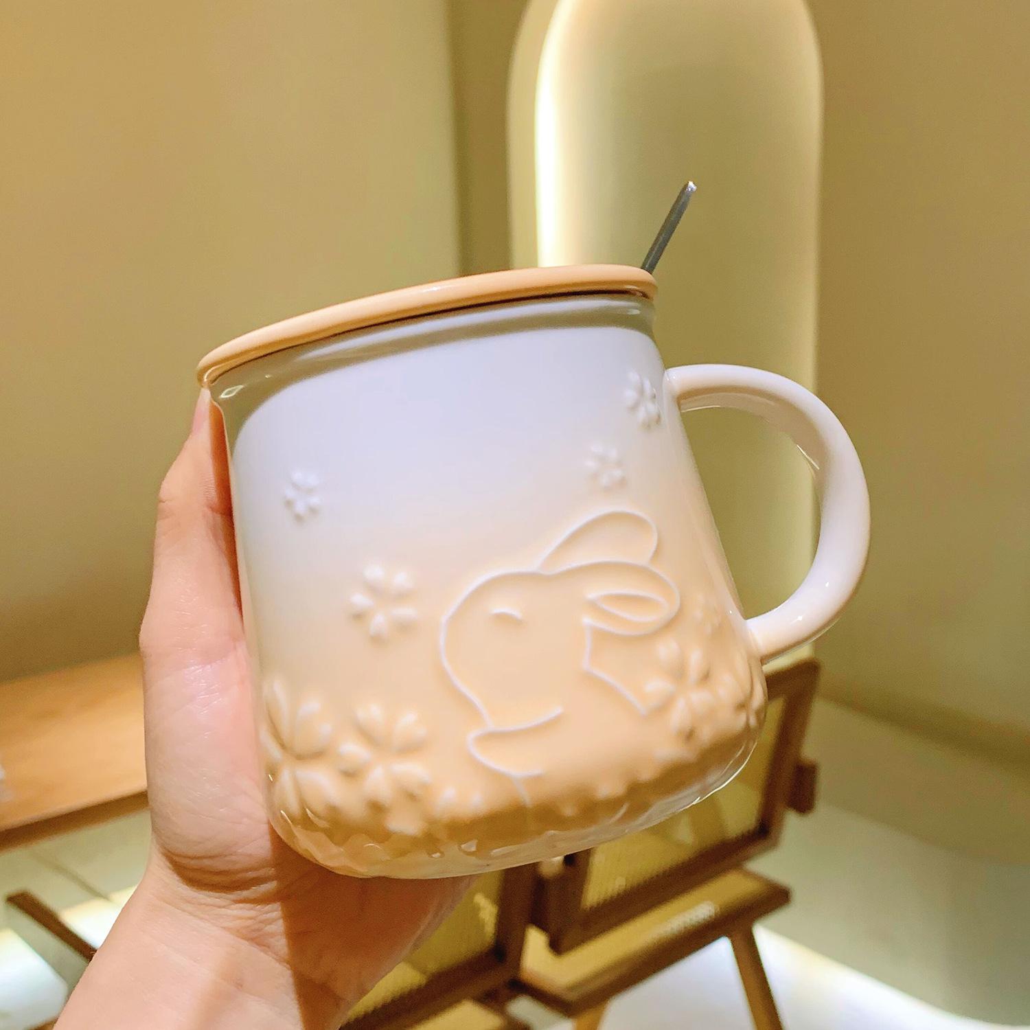 

High Value Ceramic Cup with Lid with Spoon Mug Home Office Water Cup Couple Breakfast Cup Souvenir 401-500ml