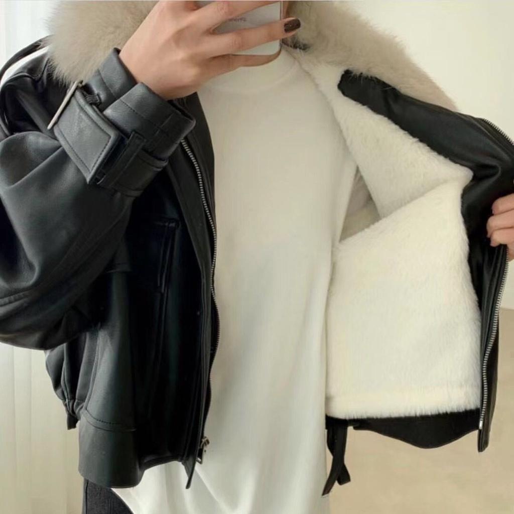 Leather Jacket Imitation Fur Jacket Women's Autumn and Winter New Big Fur Collar Loose Fleece Thickened Small Short Cotton Clothes