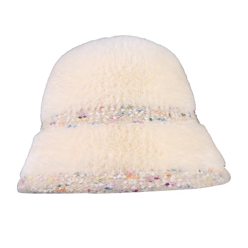 Winter Mixed Color Splicing Plush Simple Bucket Hat Outdoor Casual Versatile Warm Ear Protection Fashion Basin Cap For Women'S