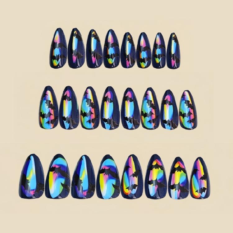 24 Pieces Halloween Almond Fake Nail Pink Bat Pumpkin Design Durability Nail For Women Party Costume Accessories