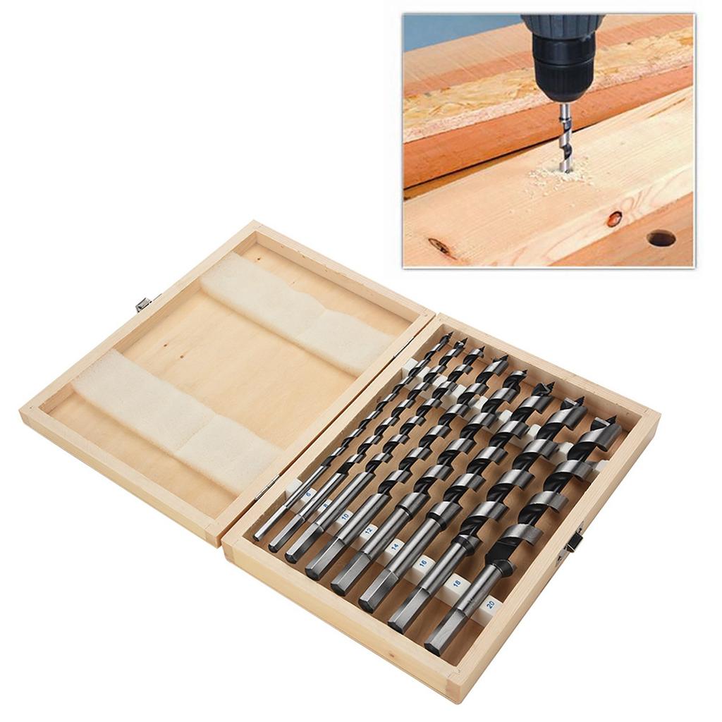 8pc Carbon Steel Auger Bit Set Wooden Case Machined Hex Shank Drill