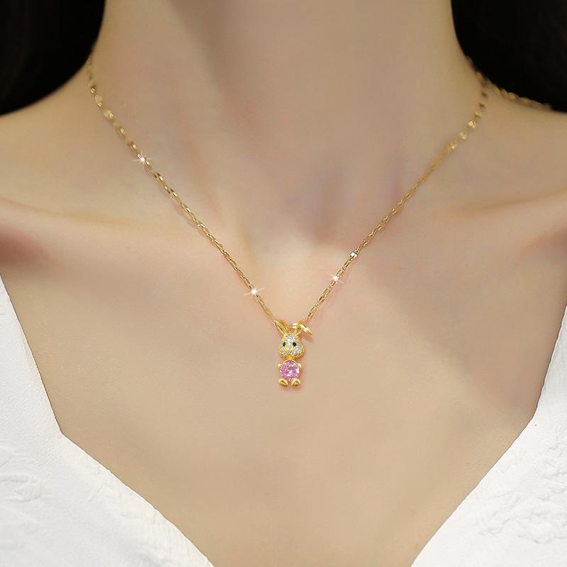 Light Luxury Pink Rabbit Full Of Zirconium Inlaid Real Gold Necklace Women'S Transfer Collarbone Chain With Jewelry