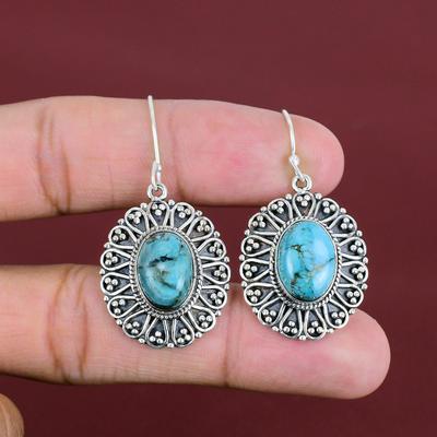 Boucle d'oreille Turquoise Tibétaine Boucle d'oreille en Argent Sterling 925 Bijou Élégant Fait Main Boucle d'oreille Pendante Vintage Boucles d'oreilles Pierre Précieuse Authentique Cadeaux Pour Épouse