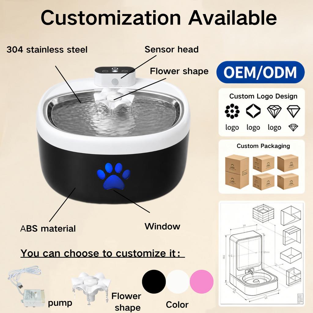 /ODM Eco-friendly 2.2L Cat & Dog Water Dispenser Solid Pattern 304 Stainless Steel Mini Pet Bowl Chargeable Purified Water 5L