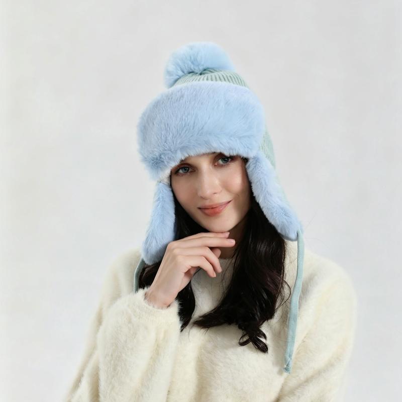 Zeyu Unisex Winter Faux Fur Trapper Hat Warm Fluffy Breathable Knitted Earflap Pom Pom Windproof Cold Weather Sports Travel ODM