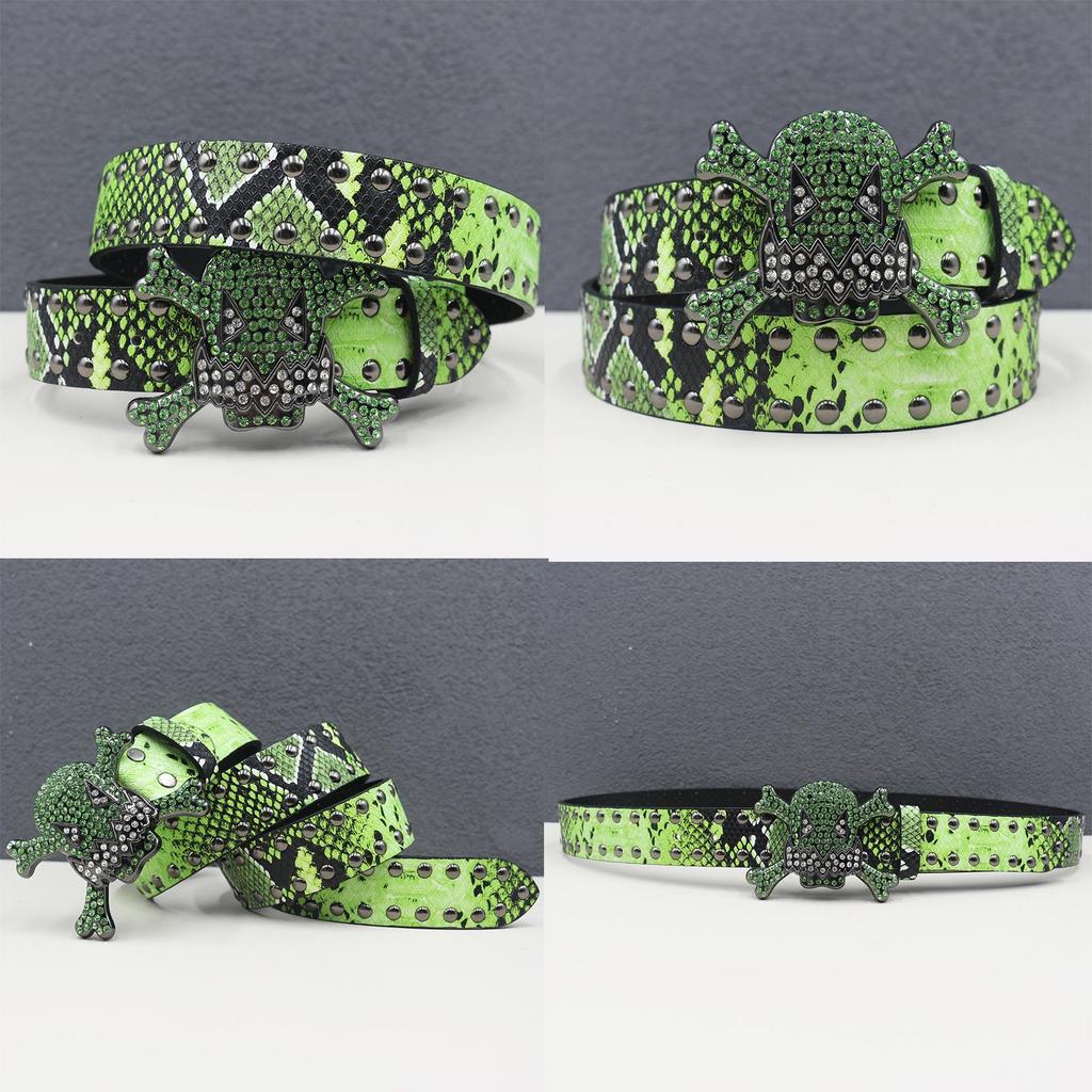 Unisex Y2K Rhinestone Skull Punk Belt with Rivet and Python Skin Design