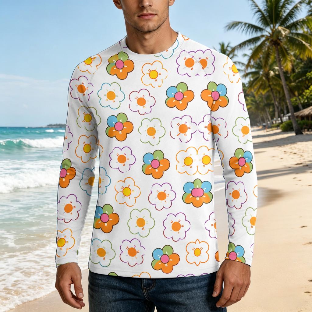 Men Long Sleeve UPF50 Plus Sun Protection Shirt UV Blocking Outdoor Sports Fishing Casual Top Floral Print Lightweight Fabric