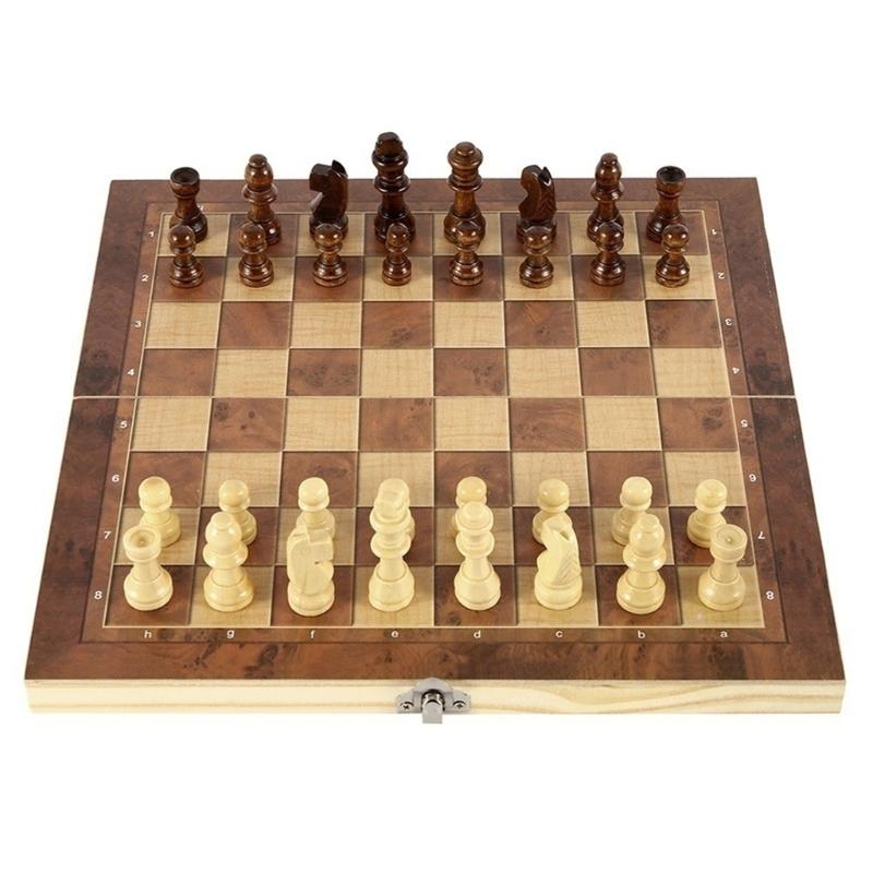 Wood Chess Set Folding Chess Board Game Portable Party Travel Chess Checkers Educational Toy Beginner Chesses Set