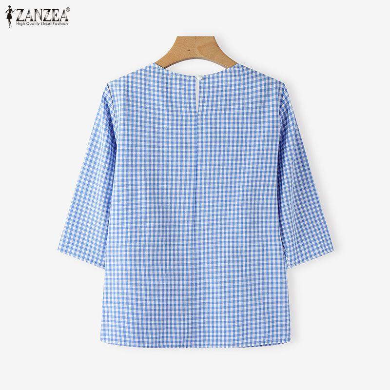 ZANZEA Women Plaid Print Casual Round Neck 3/4 Sleeve Blouse