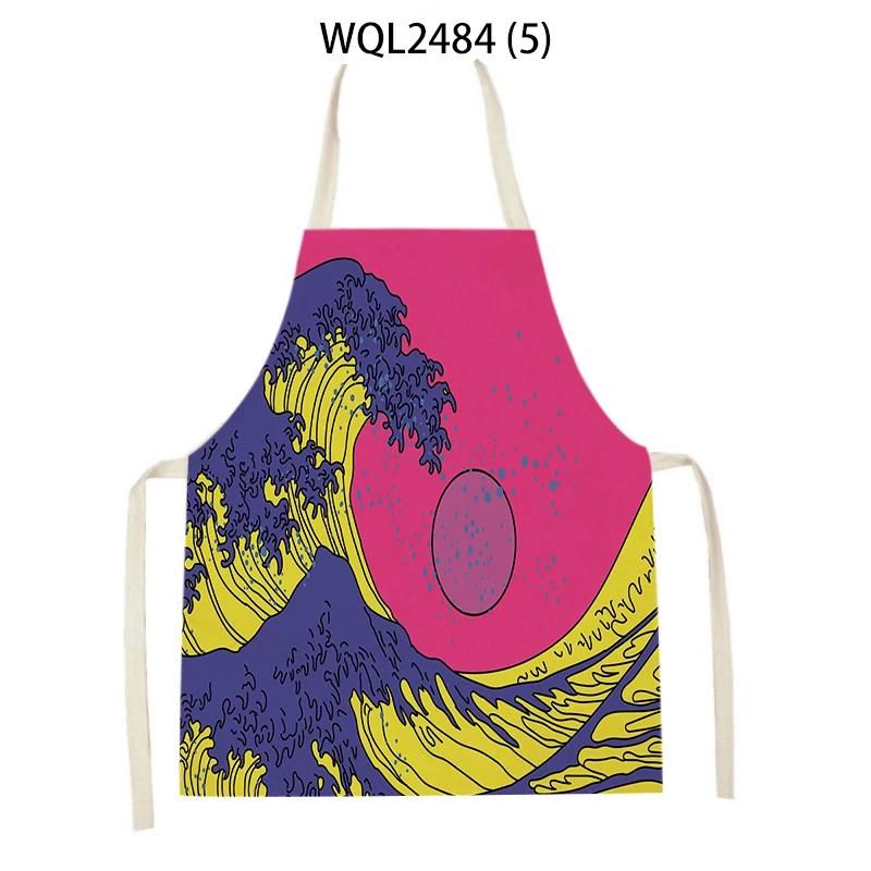 Japanese Style Kitchen Waves Sunrise Print Aprons for Women Linen Pinafore Bibs Household Cleaning Home Cooking Apron