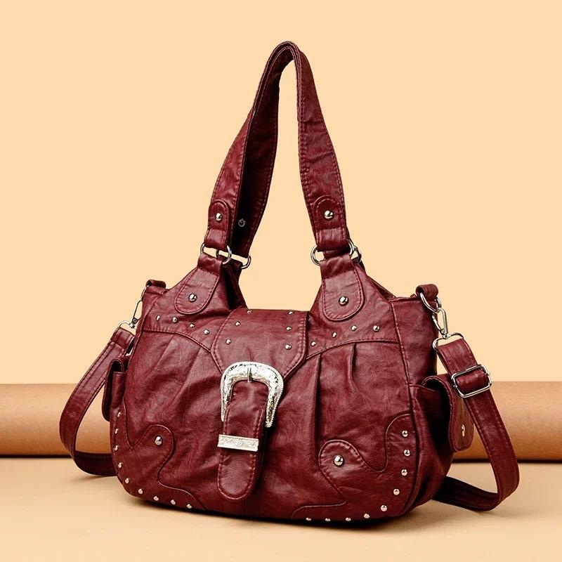 Stilvolle Lederhandtasche mit silbernen Nieten und Metallschnalle Damen Hohe Kapazität Vintage Weiches Leder Damen Lässige Schulter-Umhängetasche Reise