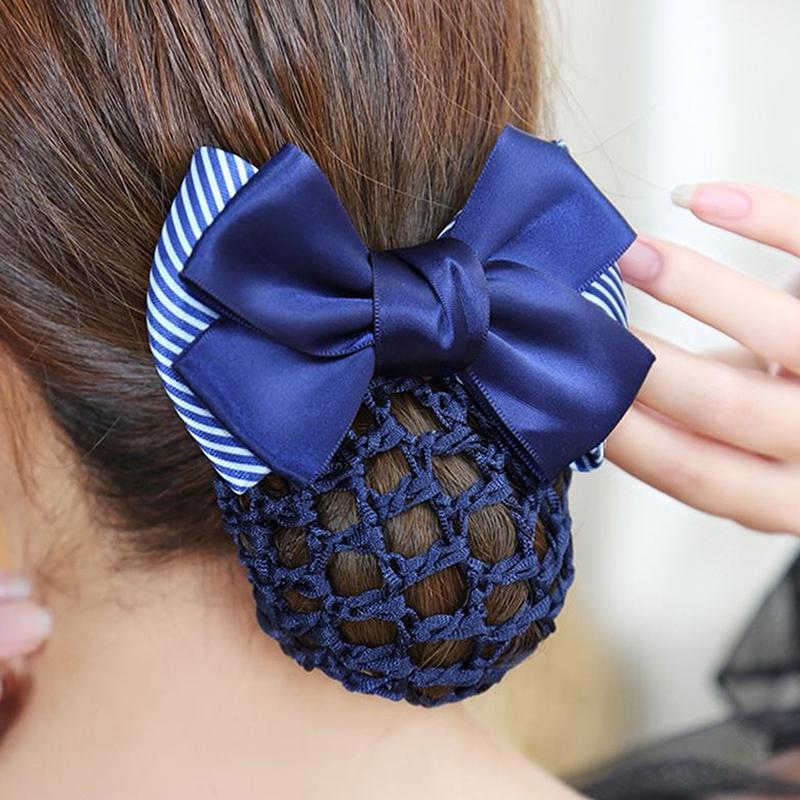 Nurse Stewardess Hair Accessories Bowknot Stripe Net Bun Hair Cover Women Barrette Net Bun Crochet Net Bun Snood