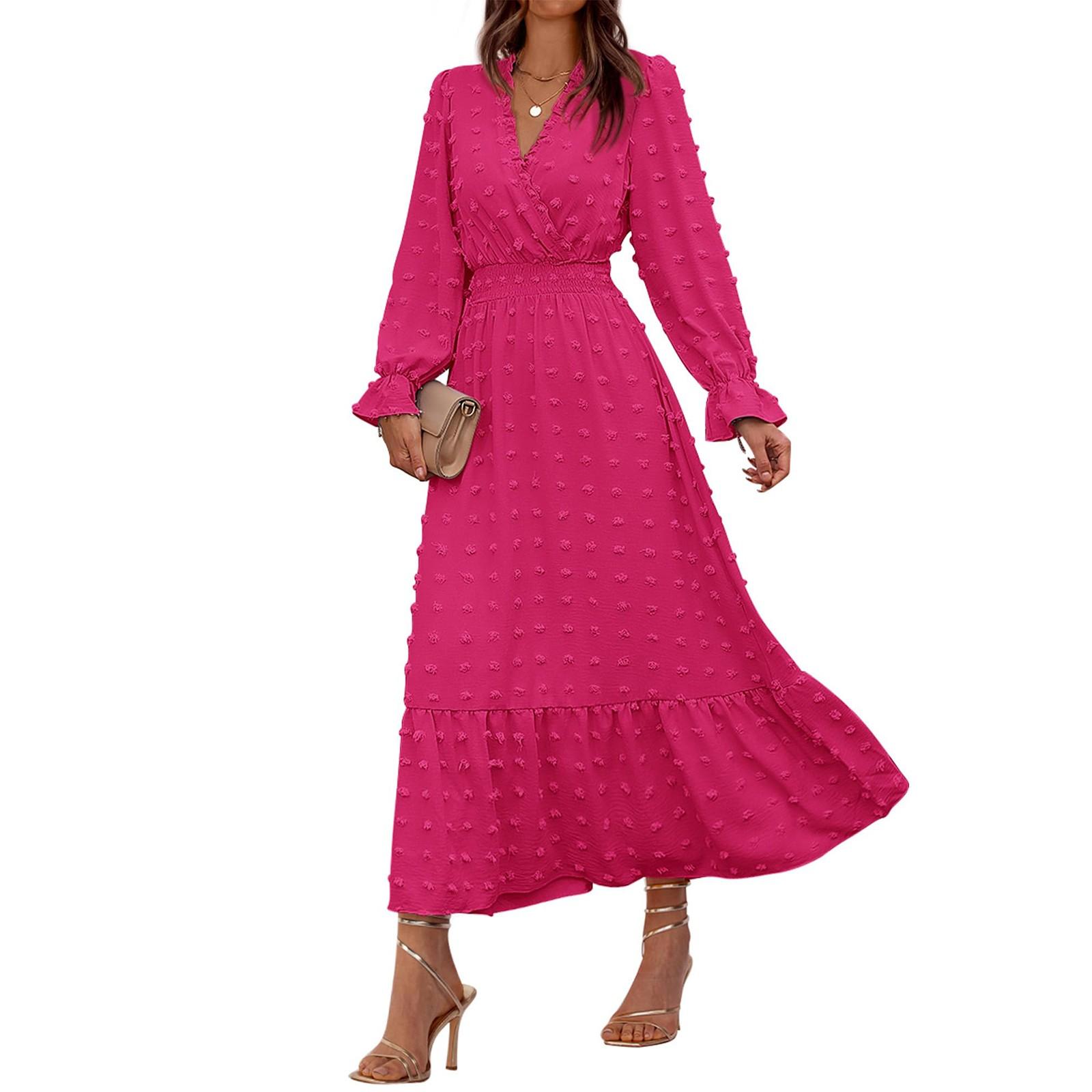 

Women s Summer Fashion Loose V-Neck Long Sleeve Sleeve Solid Color Dresses M