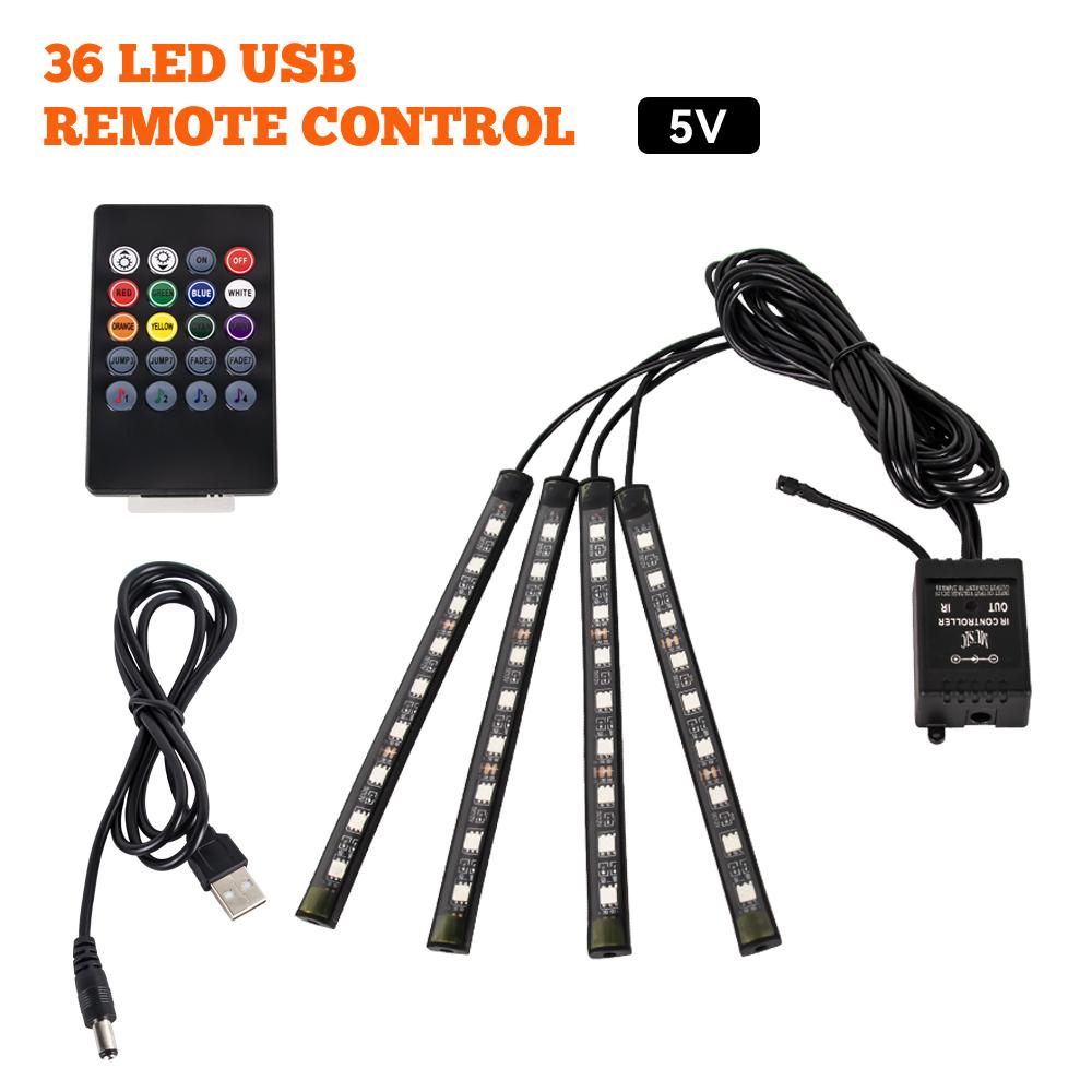 

Неоновая 36 48 72 светодиодная подсветка для ног в салоне автомобиля с беспроводным USB-пультом дистанционного управления через музыкальное приложение Auto RGB Atmosphere Декоративная лампа