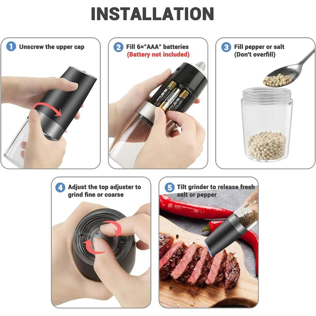 Gravity Electric Salt and Pepper Grinder Set Battery Powered Adjustable Coarseness Mill Grinders Shakers for Kitchen Tools