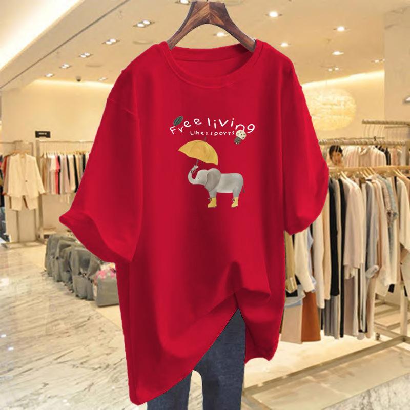 Umbrella baby elephant short-sleeved T-shirt women's summer new Korean simple and loose pure cotton non-sensory printing comfortable top