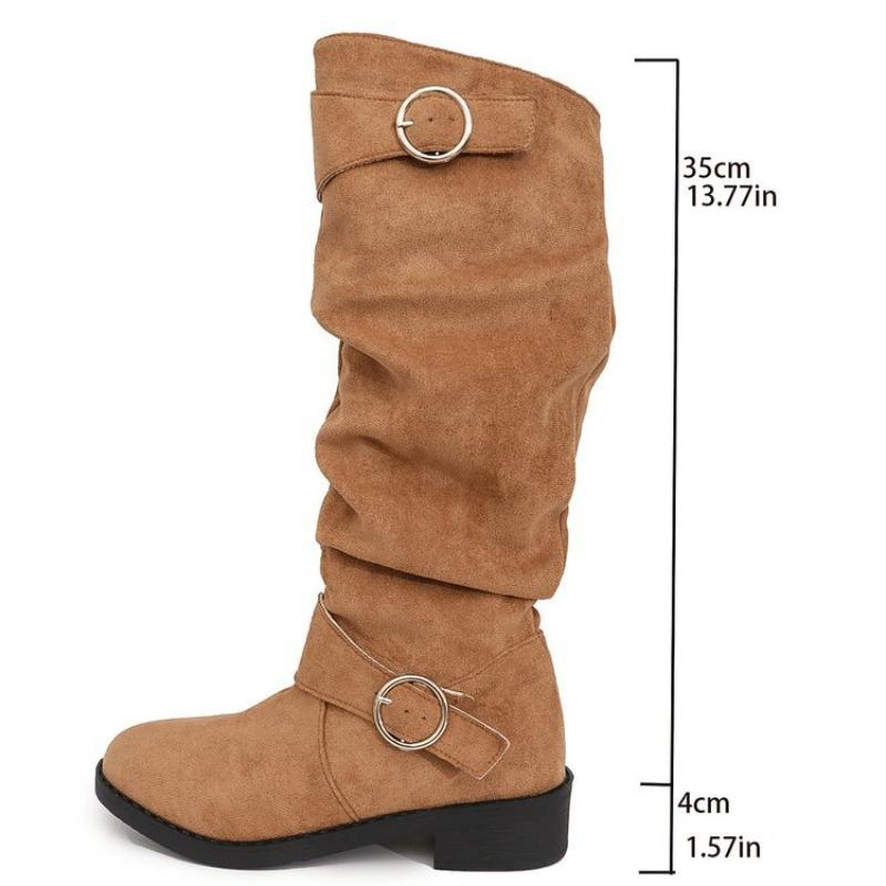 Cross-Border Plus Size Women's Wrinkled Belt Buckle Block Heel Below Knee Slimming Knee-High Boots