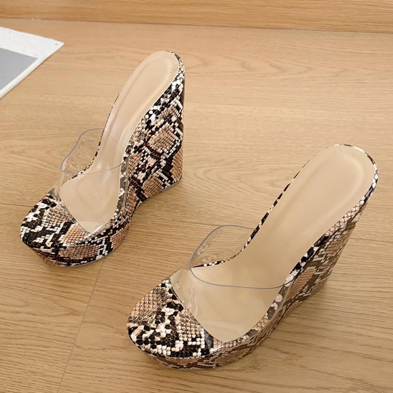 Liyke PVC Transparent Shoes For Women Wedges Slippers Summer Fashion Open Toe Snake Print Platform High Heels Sandals Female