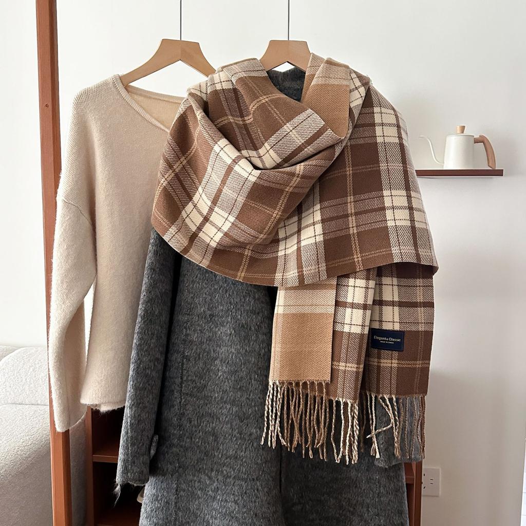 New Classic Korean Style Double Sided Plaid Tassel Scarf for Women Winter College Style Couple Versatile Warm Scarf