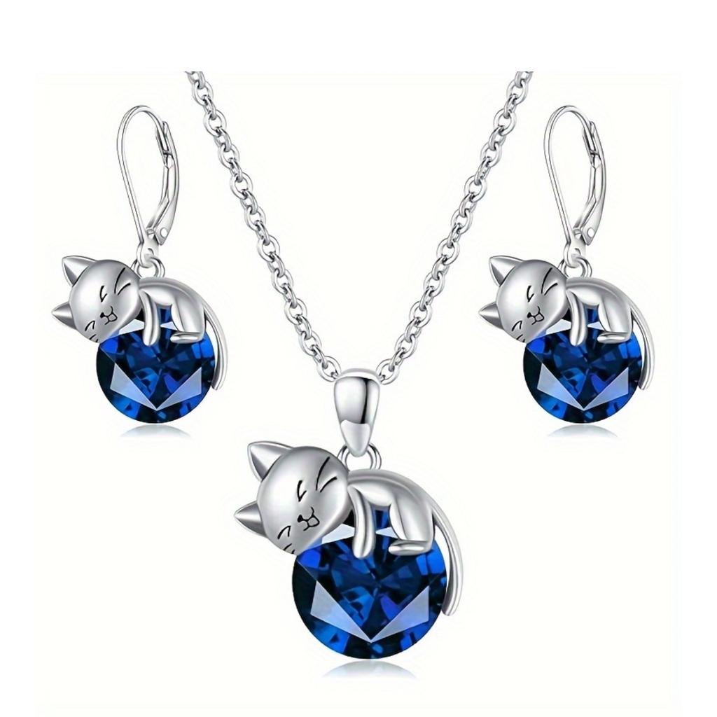 Silver Cat Necklace Pendant and Earrings Jewelry Set Is Suitable As a Gift for Women, with Crystal Zirconia, Perfect As an Accessory for Brides and