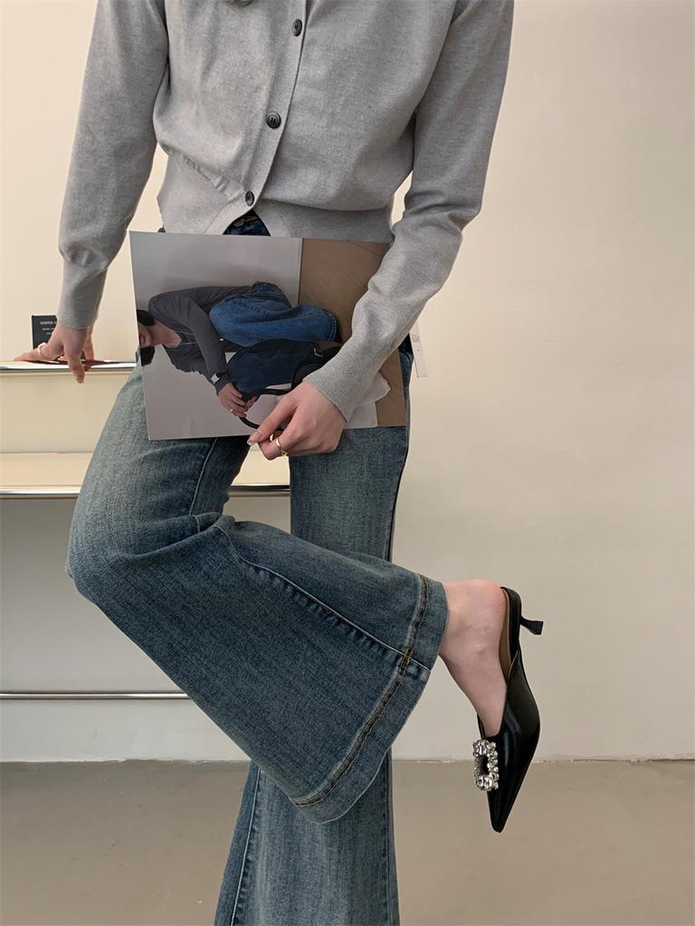 Pointed Head, Half Slippers, Women Wear Thin Heels, Rhinestone Buckle, Fairy Versatile Fashion Women's Shoes