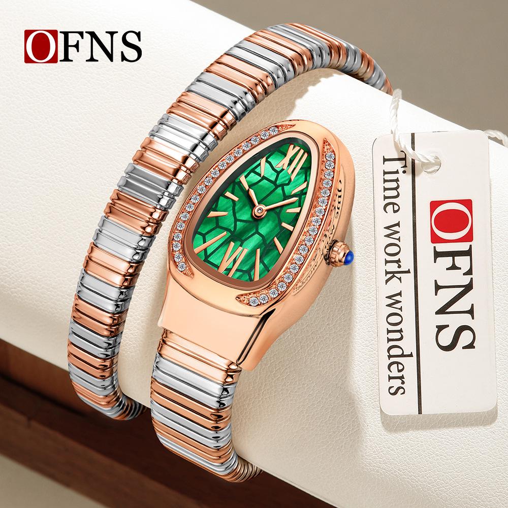 SANDA Women's Luxury Snake Head Bracelet Watch with Roman Mother-of-Pearl Dial, Diamond Accents, English Two-Hand, 30M Water Resistant.