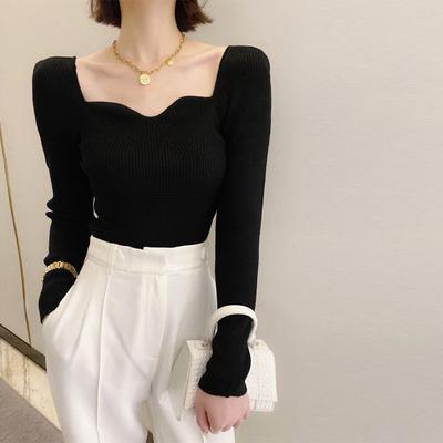 Top w stylu retro francuskim z kwadratowym dekoltem dla kobiet, dzianinowa koszulka bazowa z długim rękawem dla kobiet, wyszczuplający, odsłaniający ramiona dla kobiet, do noszenia z grubym swetrem typu pulower dla kobiet