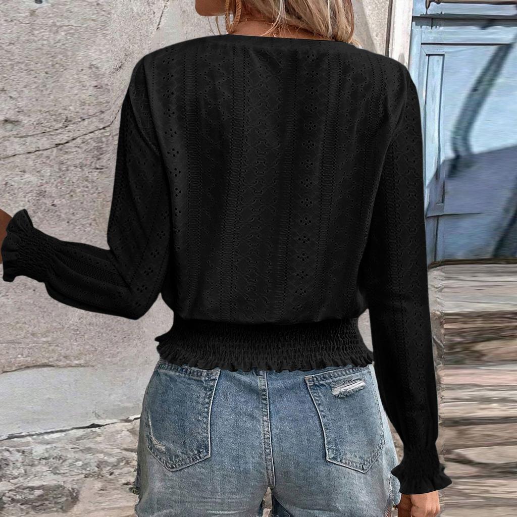 Women V Neck Hollow Out Long Sleeve Blouse with Ruffle Hem Lightweight Knit Pullover Top for Spring Autumn Casual Wear