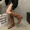 Retro Western Cowboy High Tube Boots Women's Pointed Toe Knight Long Boots Fashionable Streetwear Autumn Winter Long Botas Shoes