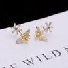 Silver Plated CZ Bee & Flower Convertible Stud Earrings, Sparkling Yellow Bee & Daisy Double-Sided Earrings for Women