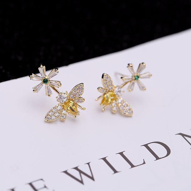 Silver Plated CZ Bee & Flower Convertible Stud Earrings, Sparkling Yellow Bee & Daisy Double-Sided Earrings for Women