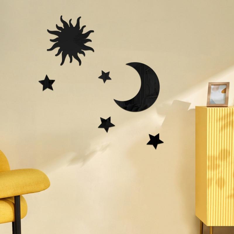 6Pcs Star & Moon Combination Mirror Wall Sticker - Ramadan Kareem Decor, Bedroom & Living Room Holiday Birthday Supplies