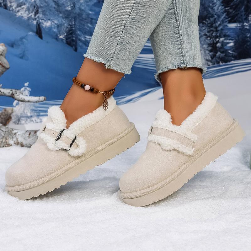 Soft Thick Bottom Furry Casual Shoes Women 2025 Winter Warm Short Plush Flats Shoes Metal Buckle Non Slip Snow Boots for Woman
