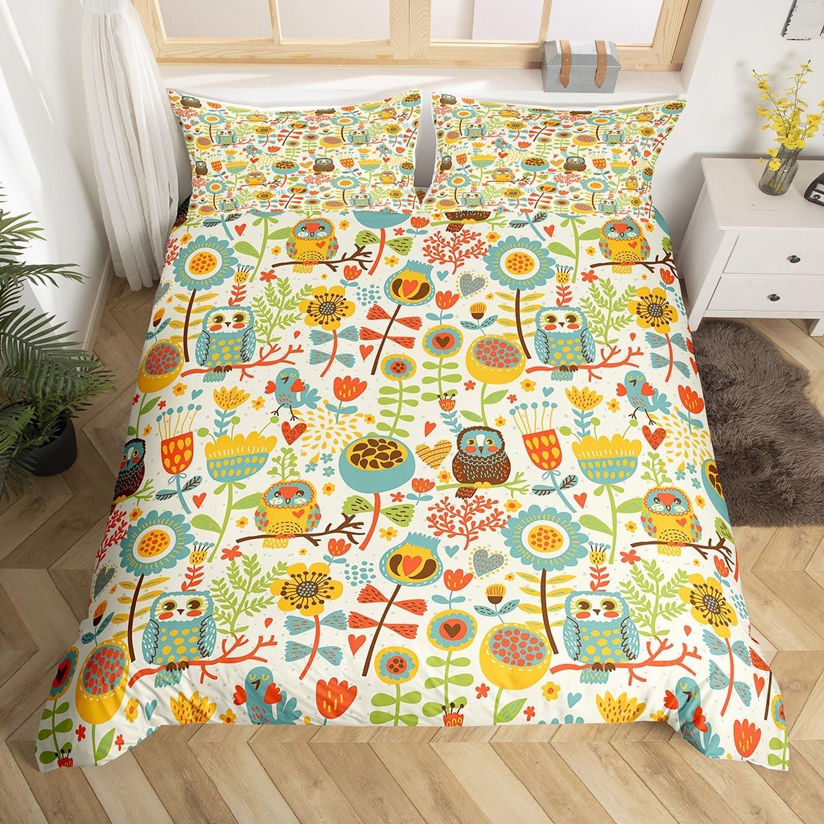 

Fashion Floral Soft Duvet Cover Set Quen King-Sized Dimensionsd Dimensions Carton Bird Owl Beding Set Retro Fashion Trend Party Decorative 3 Pcs 100*200cm Single