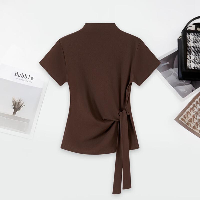 

Женская футболка с полувысоким воротником и деталью-галстуком, с коротким рукавом L