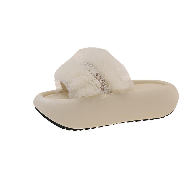 

Rhinestone lace mesh one-word drag summer 2025 fashionable versatile muffin bottom casual light and comfortable slippers 35