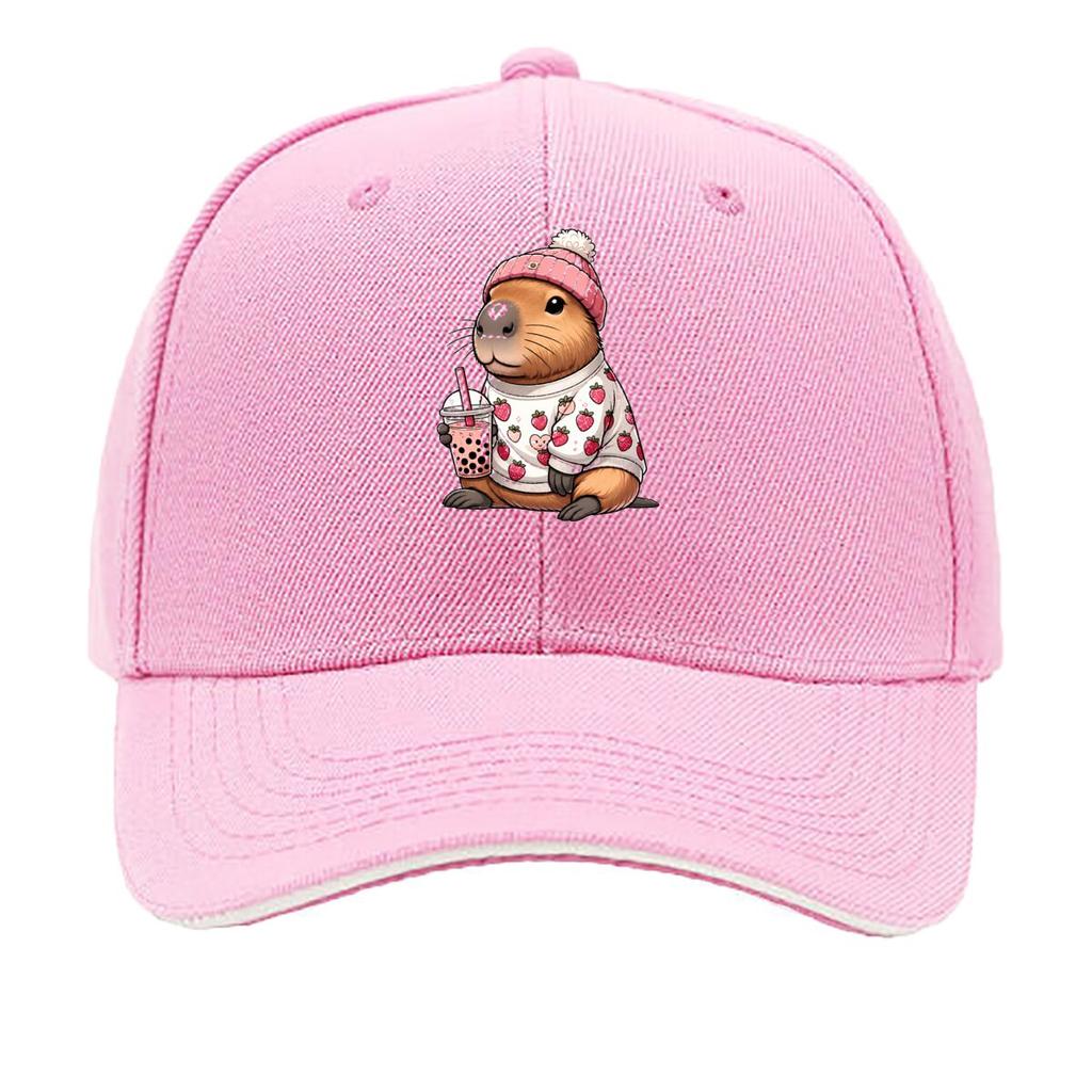 Cute Capybara Strawberry Sweater Holding Bubble Tea Sandwich Baseball Cap Unisex Women Sun Cap Outdoor Workouts Hat