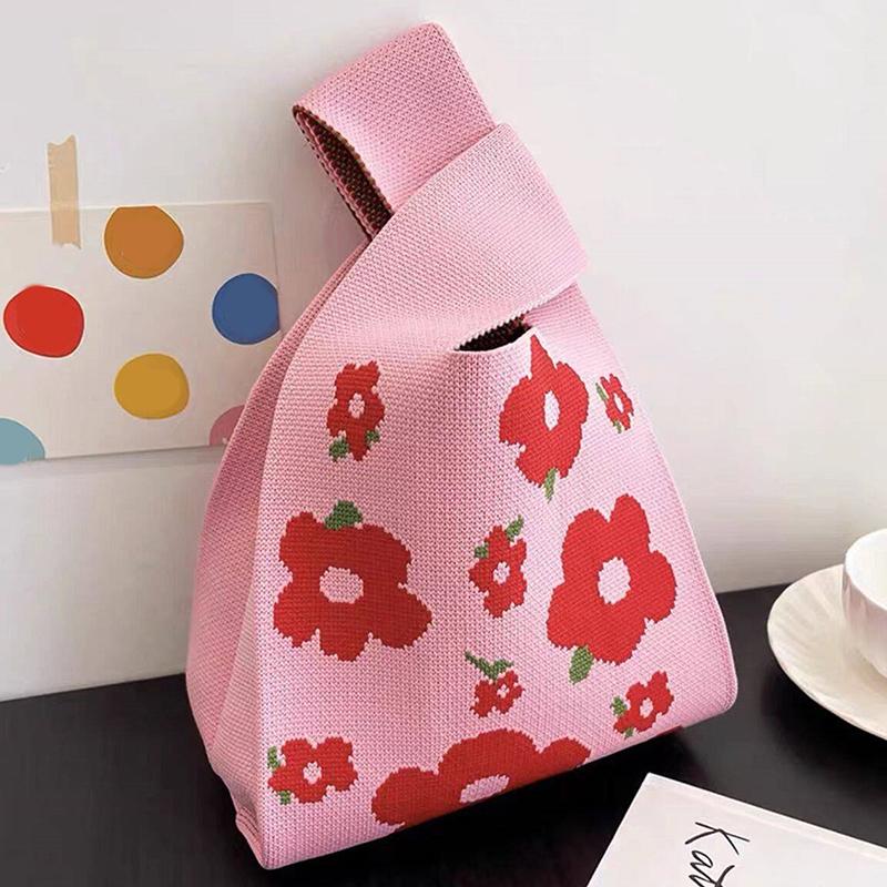 Przenośna Mini Pasiasta Torba Tote Ręcznie Robiona Dzianinowa Torba Damska Węzeł na Nadgarstek Torba Wiaderko na Telefon Duża Pojemność Jesień Zima Torebki