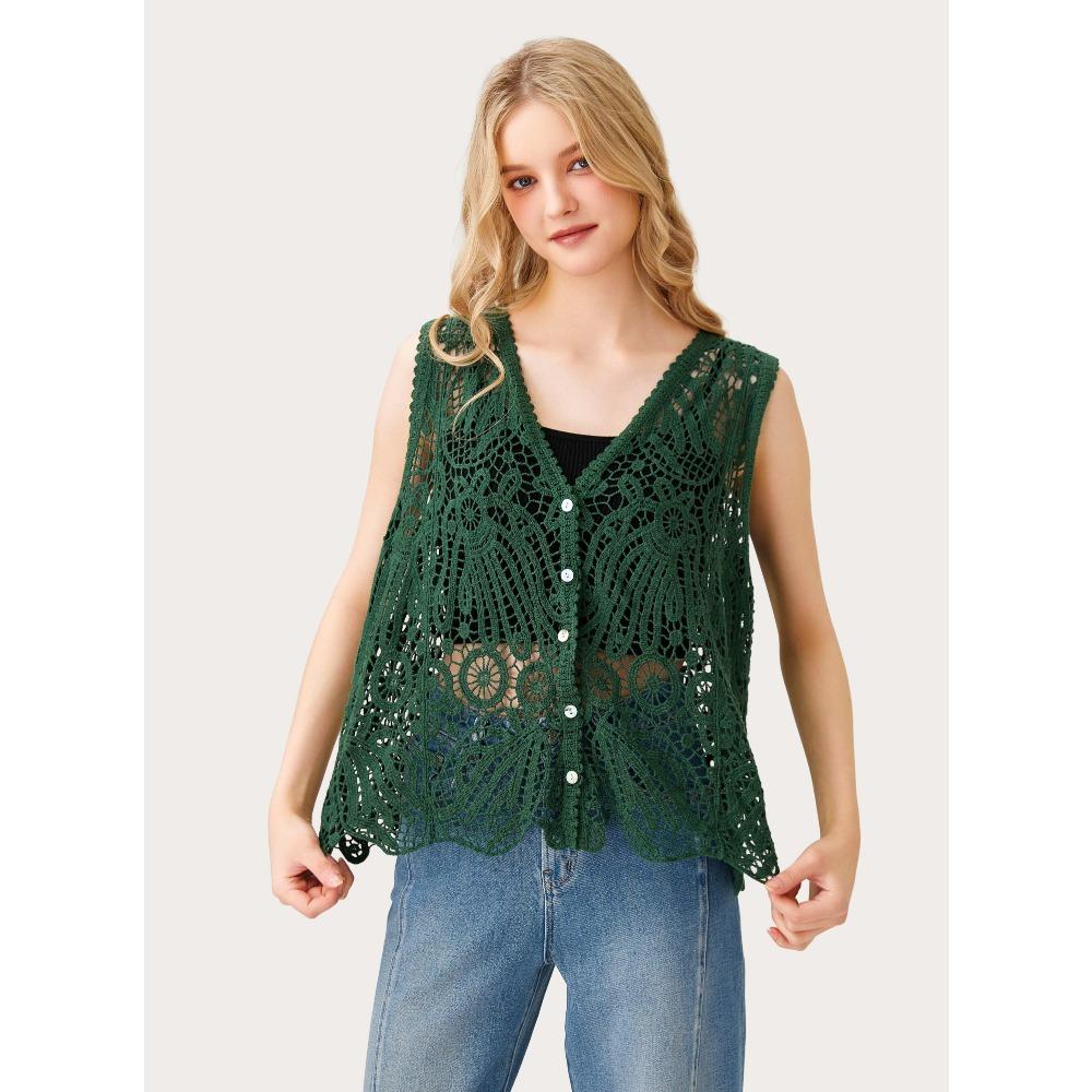 DIMANAF 2026 New T-Shirt Knitting Lace Vest Women Buttons O-Neck Hollow Summer Style Basic Tops Tees Loose Clothing