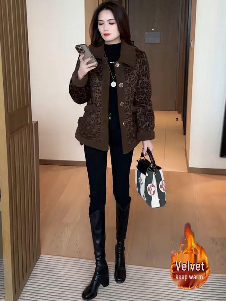 Fluffy 2025 Elegant Leopard Print Woolen Jacket - Women's Versatile Warm Top