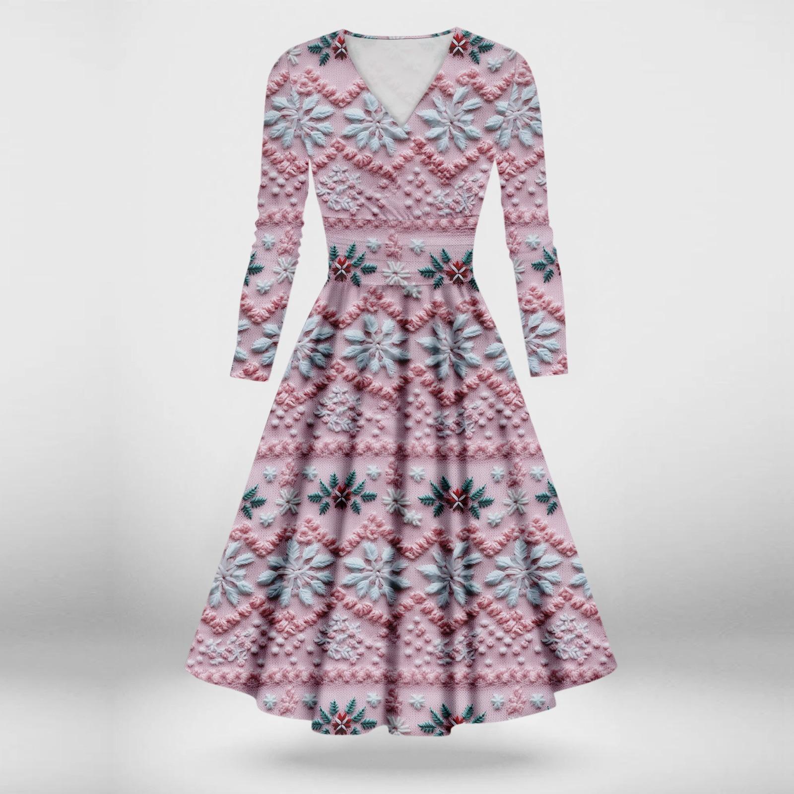 

Женское повседневное и модное сексуальное платье с v-образным вырезом и длинными рукавами с рождественским принтом S розовый