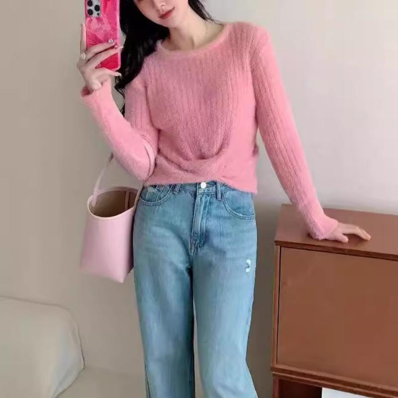 Autumn and winter new fashion kink crew neck knitted pullover sweater women's versatile solid color sweet and thin knitted top women