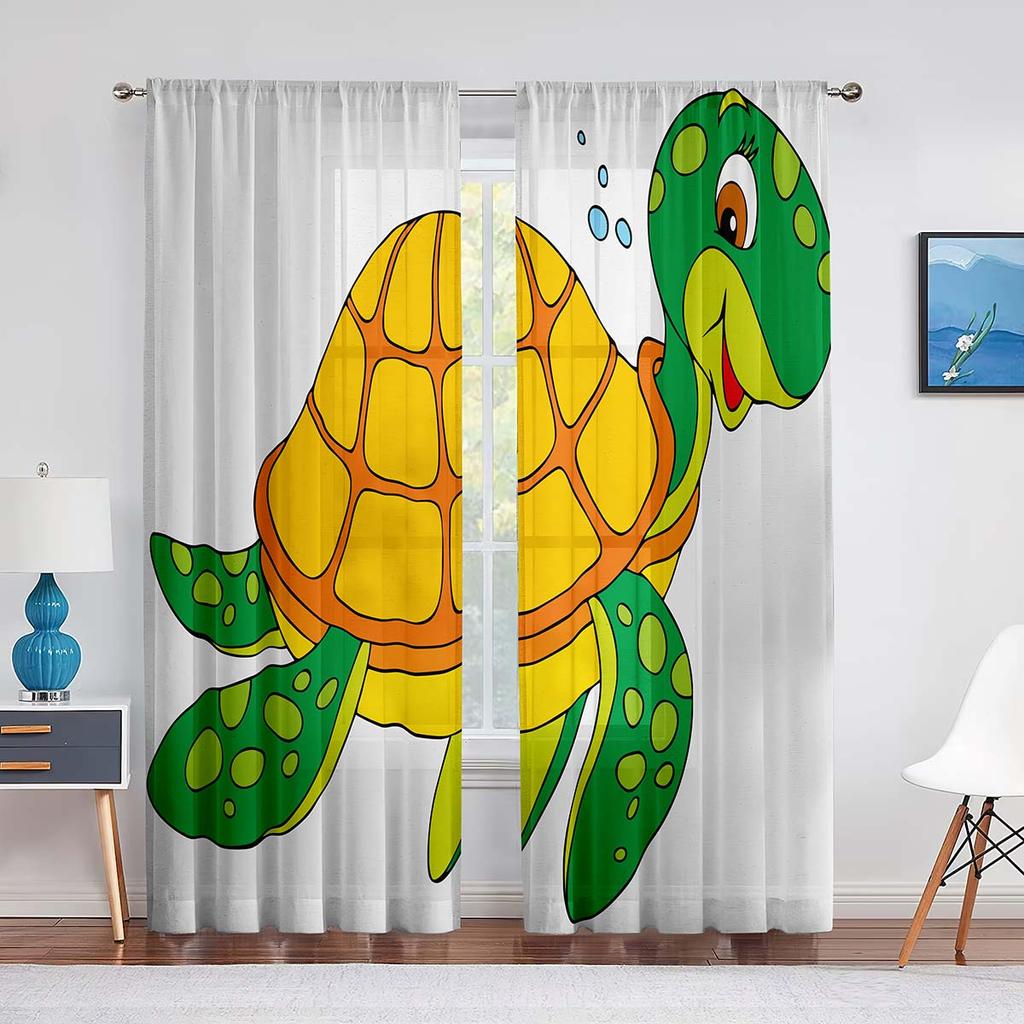 Cartoon Sea Turtle Tulle Curtains for Living Room Decoration Marine Animals Ink Blue Chiffon Sheer Voile Kitchen Bedroom Curtain