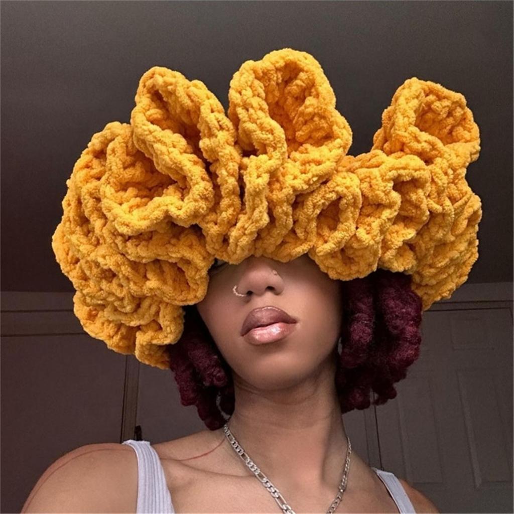 ZHEZHE 2024 NEW Women Crochet Bucket Hats Y2k Fashion Pleated Ruffles Knitted Winter Outdoor 100% Polyester