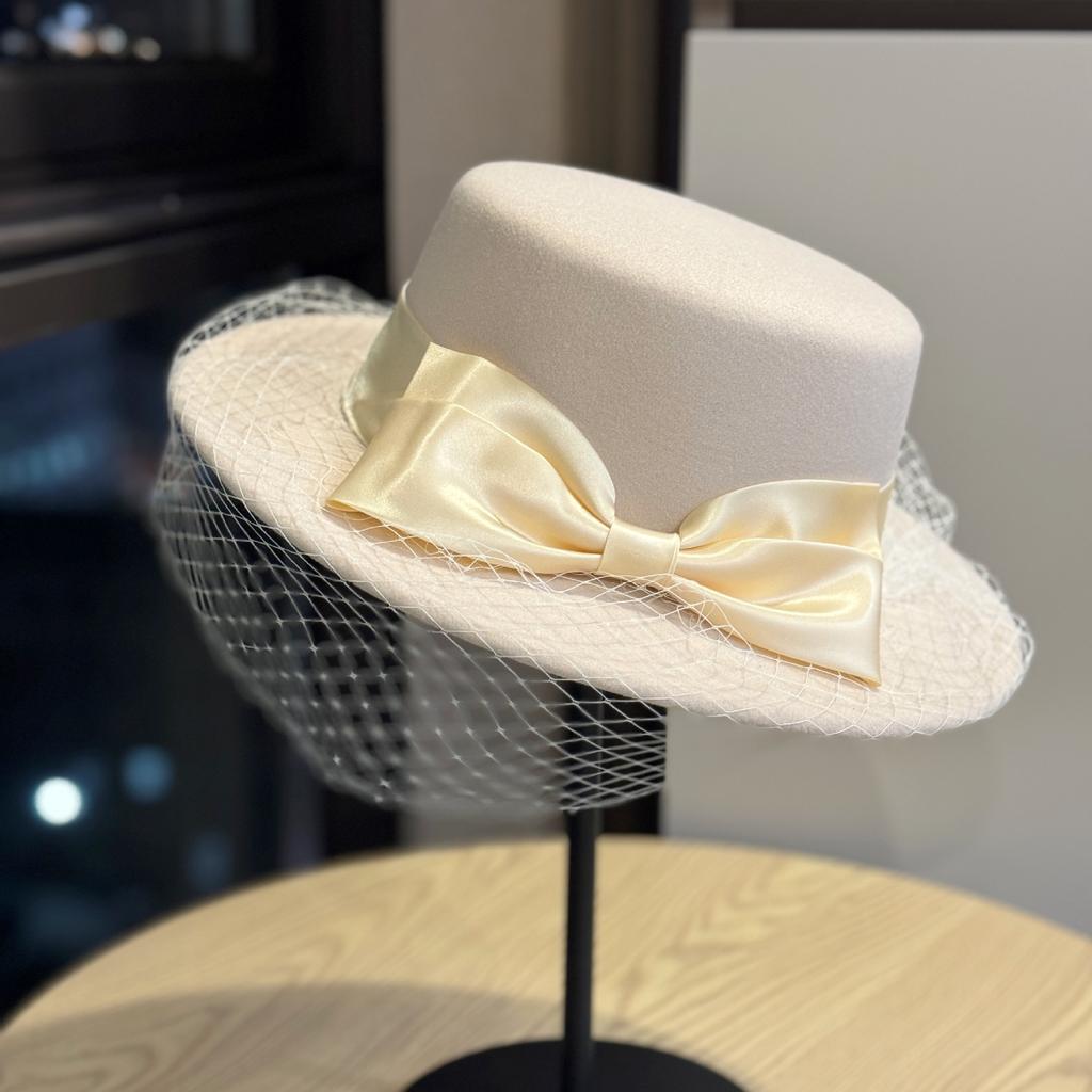 French Hat for Women British Name Warm Face Small Flat Brim Dinner Hat Autumn and Winter New Bow Jazz Hat Trend